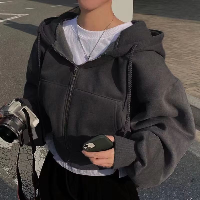 Women's Fleece-Lined Zip-Up Hoodie – Cropped Slim Fit Sweatshirt