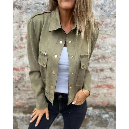 2025 Autumn Suede Jacket Long Sleeved Collar Jacket with Metal Zipper