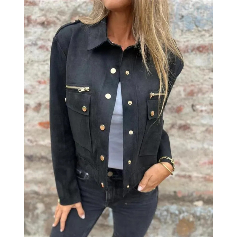 2025 Autumn Suede Jacket Long Sleeved Collar Jacket with Metal Zipper
