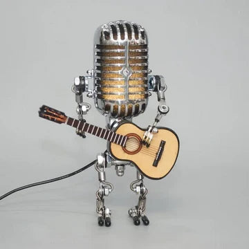 Vintage Metal Microphone Robot With Guitar Lamp