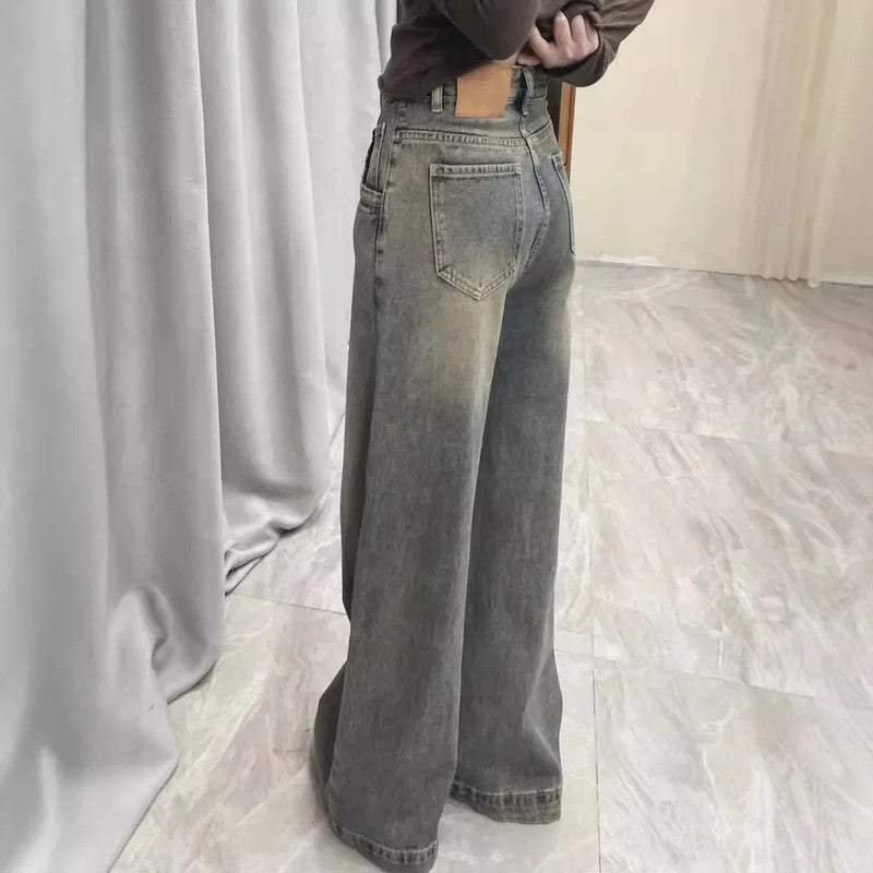 Vintage Distressed Wide Leg Jeans, Womens Loose Fit Slimming Trousers, Draped Versatile Trailing Style, Spring Summer
