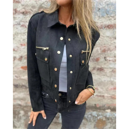 2025 Autumn Suede Jacket Long Sleeved Collar Jacket with Metal Zipper