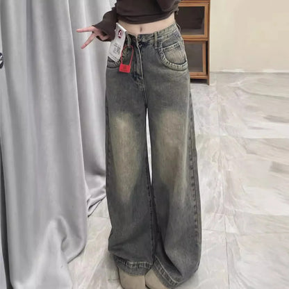 Vintage Distressed Wide Leg Jeans, Womens Loose Fit Slimming Trousers, Draped Versatile Trailing Style, Spring Summer