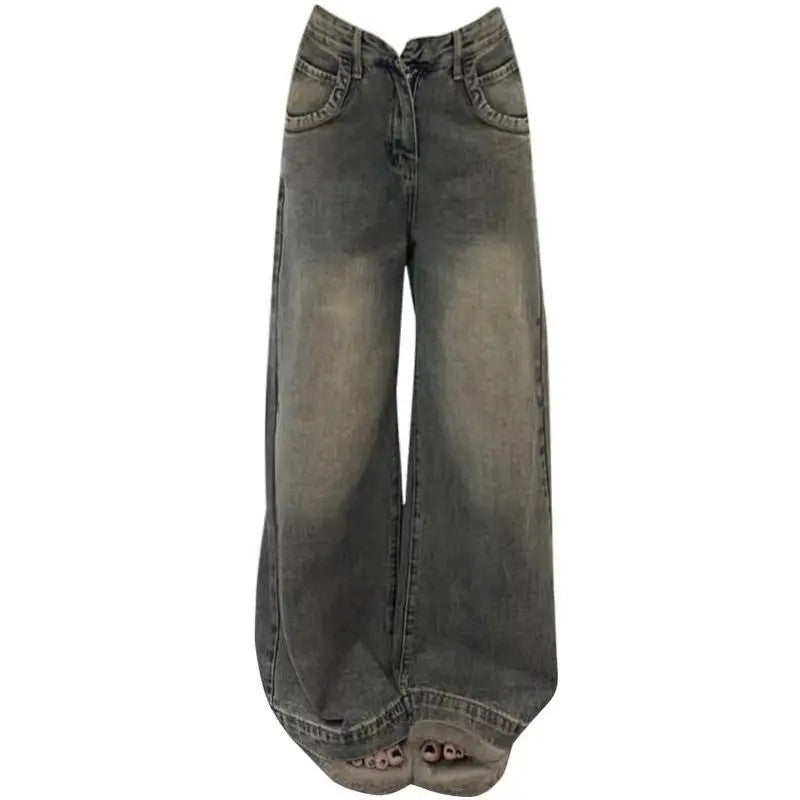 Vintage Distressed Wide Leg Jeans, Womens Loose Fit Slimming Trousers, Draped Versatile Trailing Style, Spring Summer