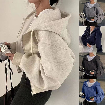 Women's Fleece-Lined Zip-Up Hoodie – Cropped Slim Fit Sweatshirt
