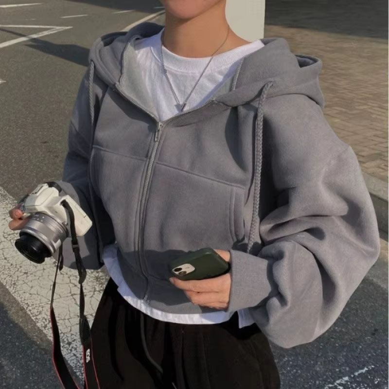 Women's Fleece-Lined Zip-Up Hoodie – Cropped Slim Fit Sweatshirt