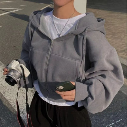 Women's Fleece-Lined Zip-Up Hoodie – Cropped Slim Fit Sweatshirt