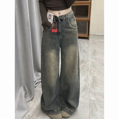 Vintage Distressed Wide Leg Jeans, Womens Loose Fit Slimming Trousers, Draped Versatile Trailing Style, Spring Summer